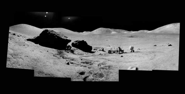Composite of Eugene Cernan and the Lunar Rover at ‘Split Rock’, Apollo 17